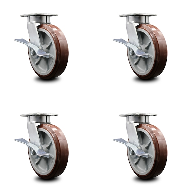 8 Inch Kingpinless Poly on Polyolefin Wheel Swivel Caster Set with Brakes SCC